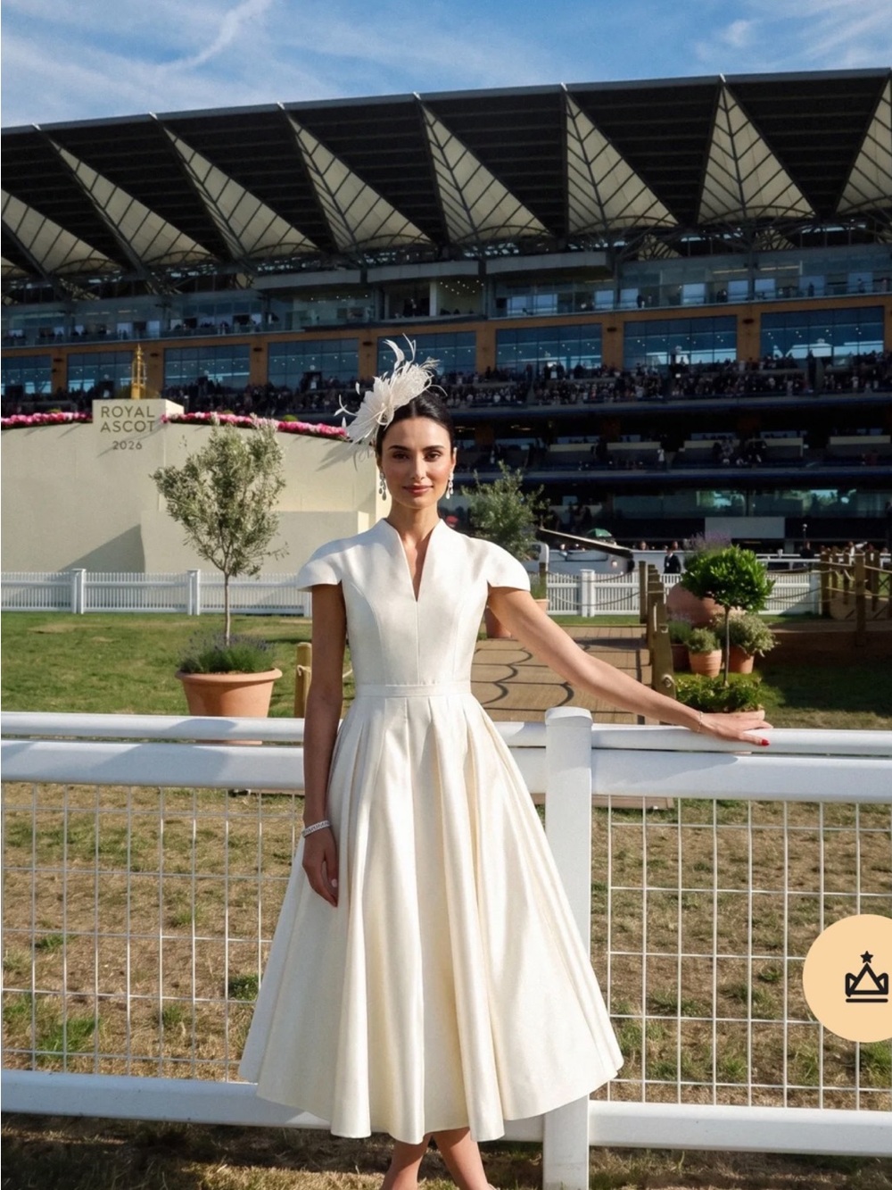 Cream Fit-and-Flare Midi Dress with Structured Cap Sleeves NEW